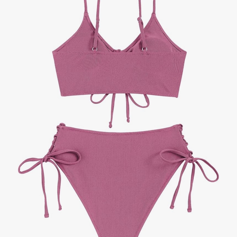 ZAFUL V Neck Bikini Set Ruched Tie Front High Waisted Ribbed 2 Piece 6 M - Picture 3 of 9